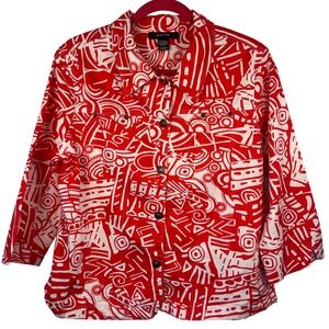 KAK TUS Women's Art Red White Abstract Print Denim Jacket Size L